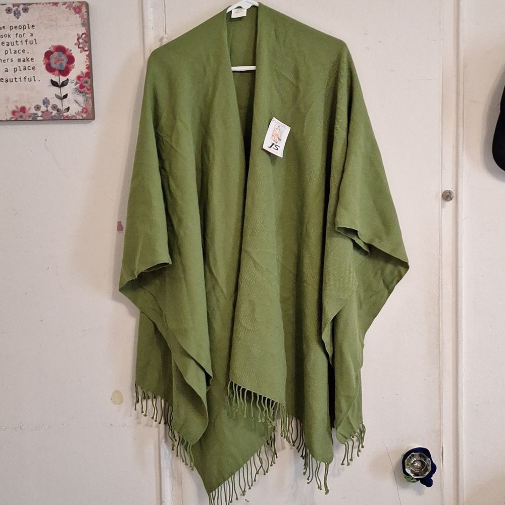 Green Fringe Shawl Poncho Tassel Cover Up